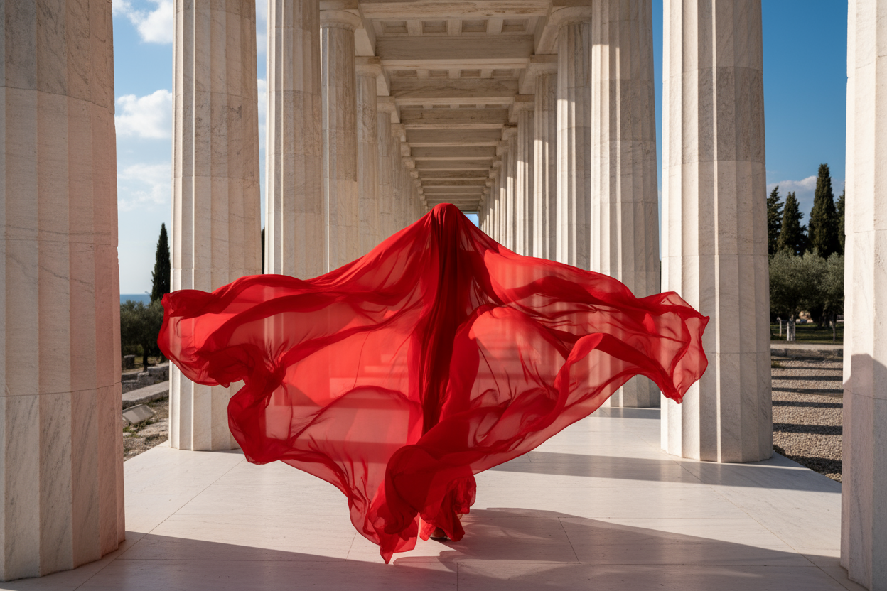 beautiful faceless woman from the back  in bright red chiffon dress strolling through beautiful white greek columns very empowering 